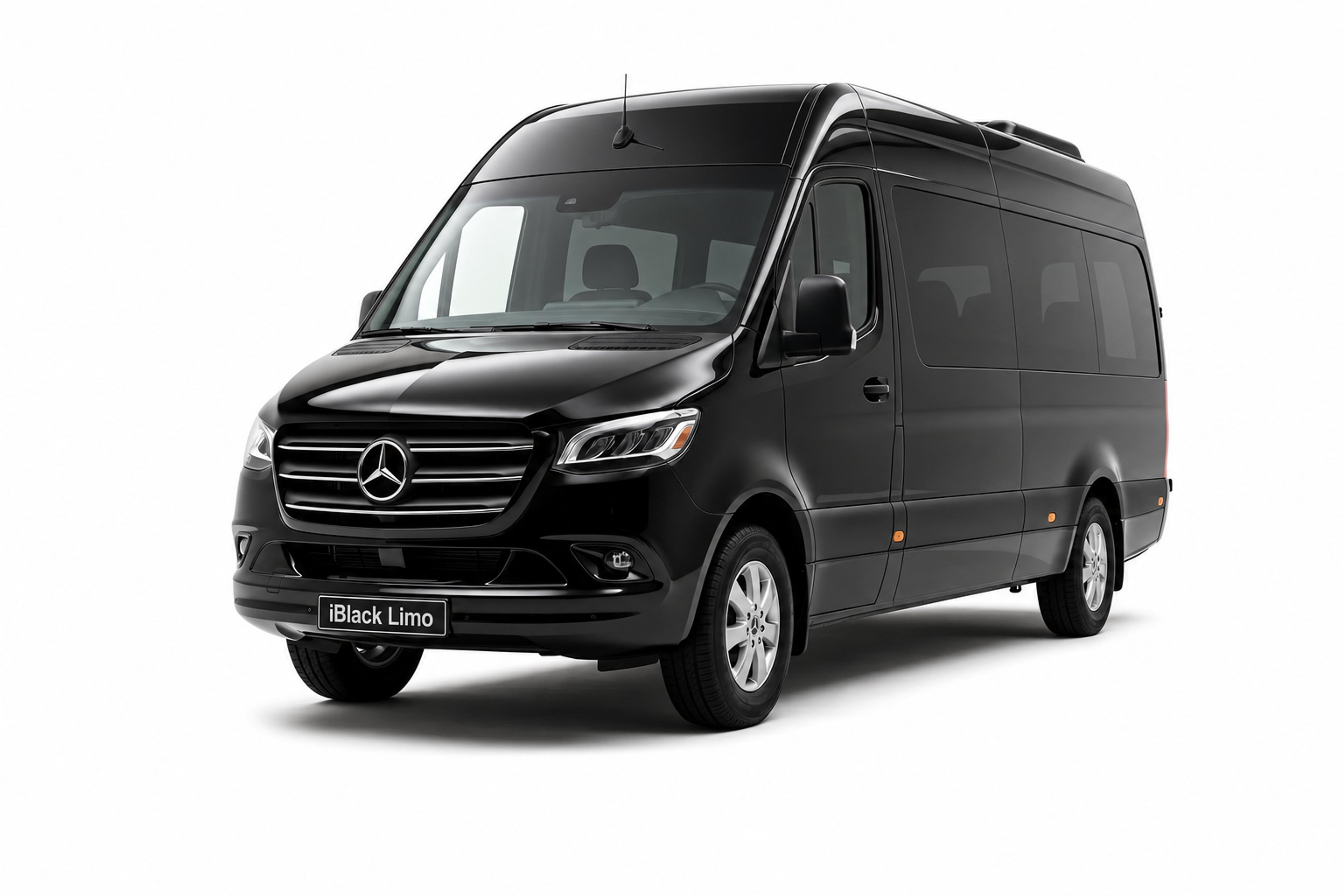Black Mercedes-Benz Sprinter luxury van, front three-quarter studio view on white with iBlack Limo plate