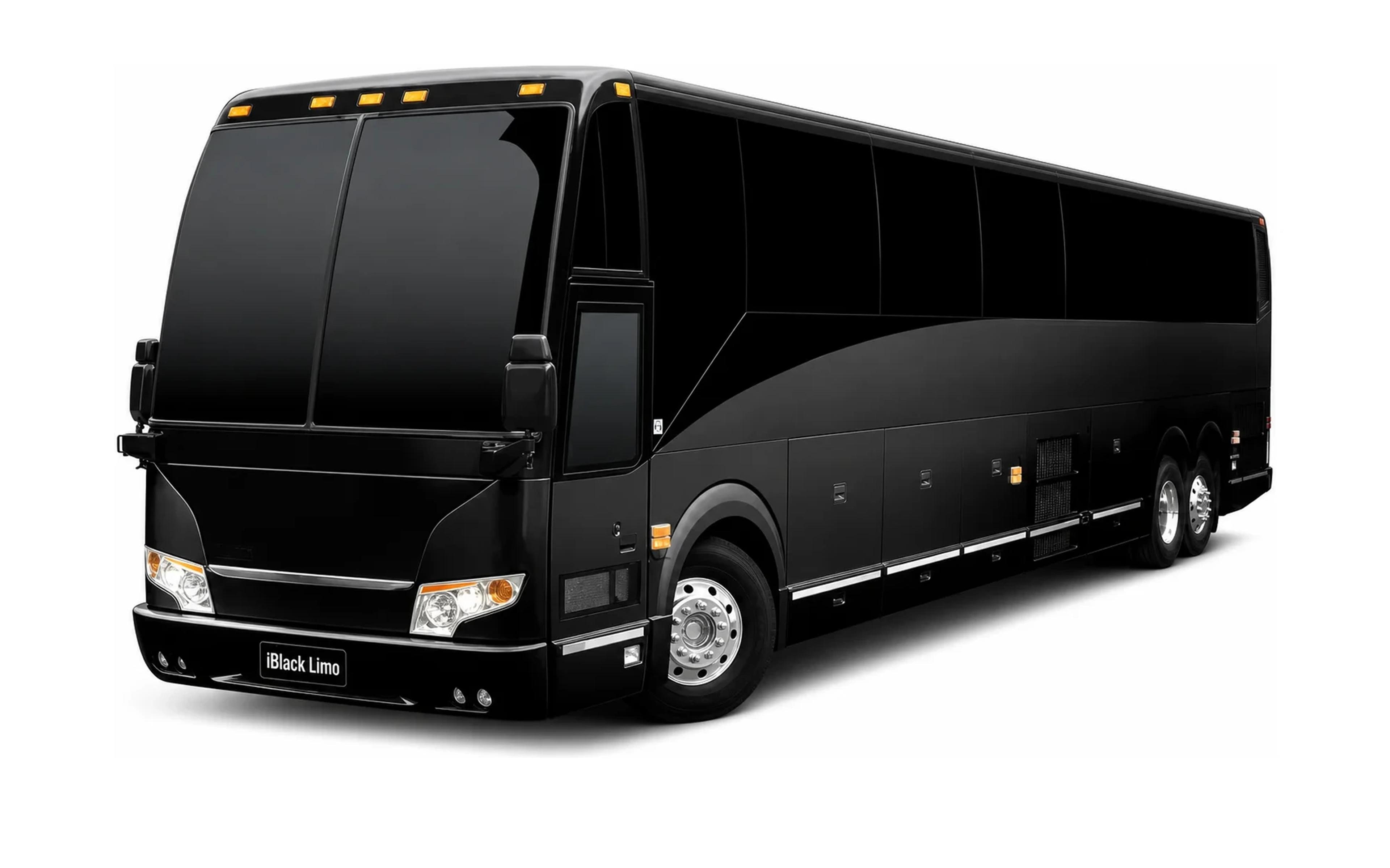 Black full-size luxury motor coach, front three-quarter studio view on white with iBlack Limo plate