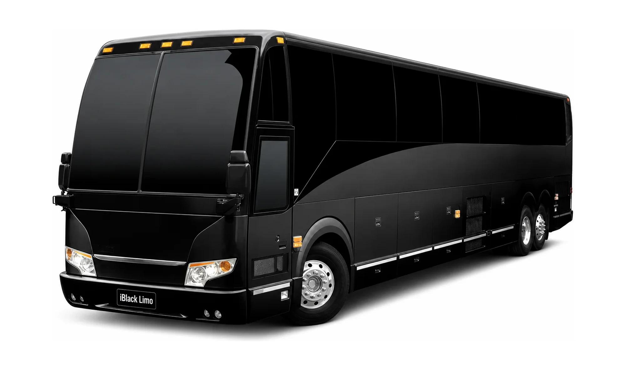 Black full-size luxury motor coach, front three-quarter studio view on white with iBlack Limo plate