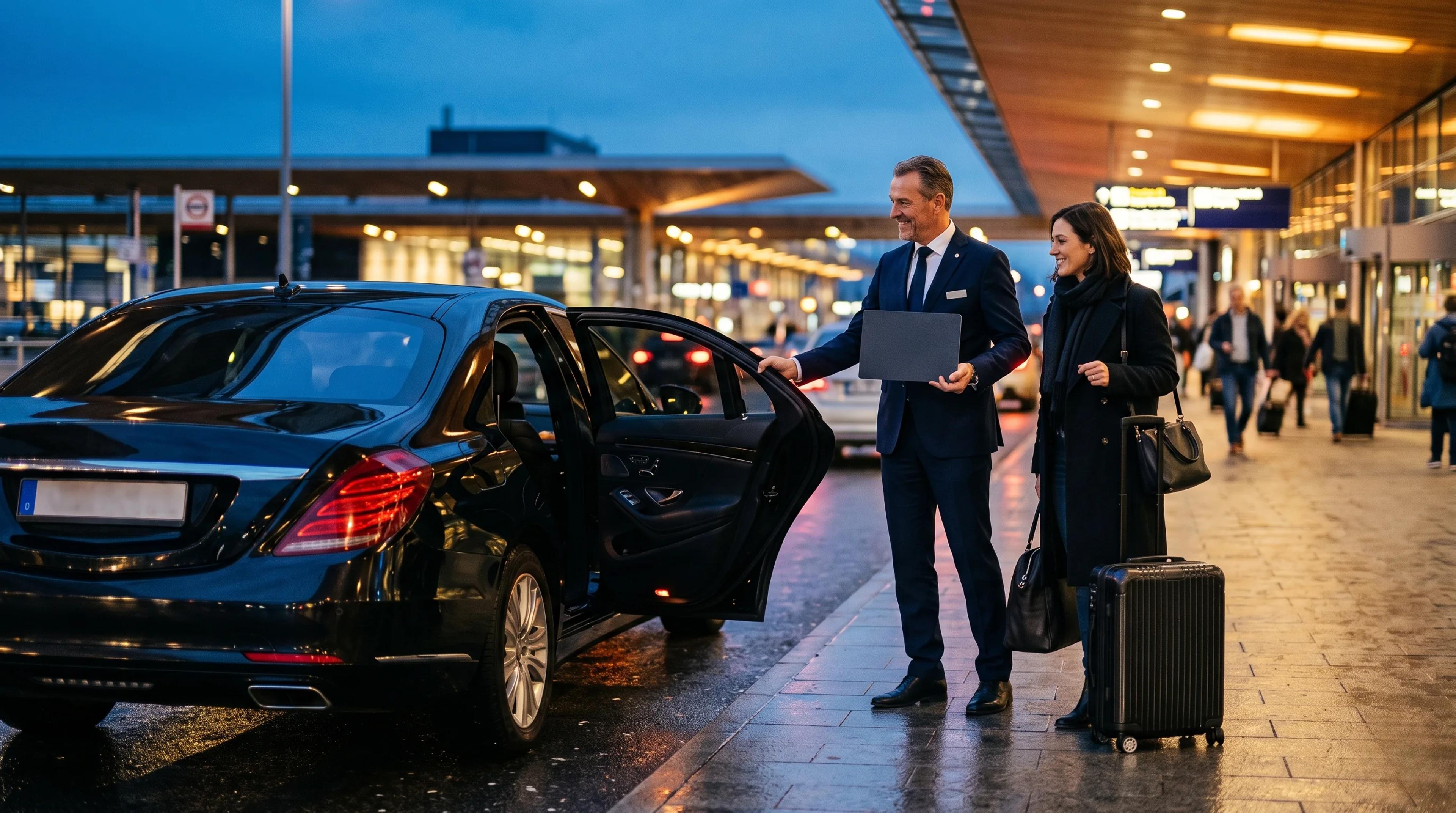 Chauffeur greeting a traveler with luggage at a terminal curb at dusk