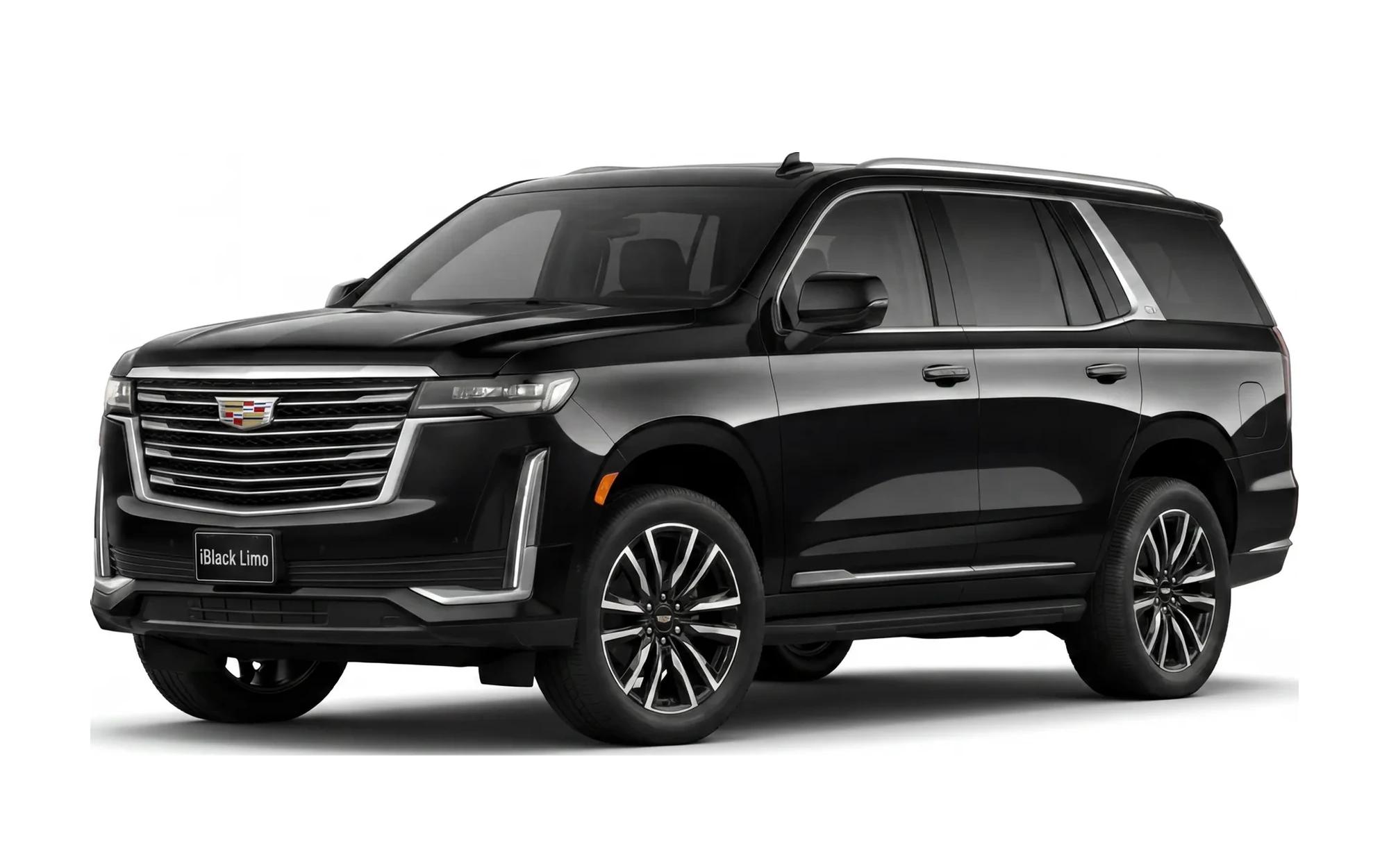 Black Cadillac Escalade ESV luxury SUV, front three-quarter studio view on white with iBlack Limo front plate