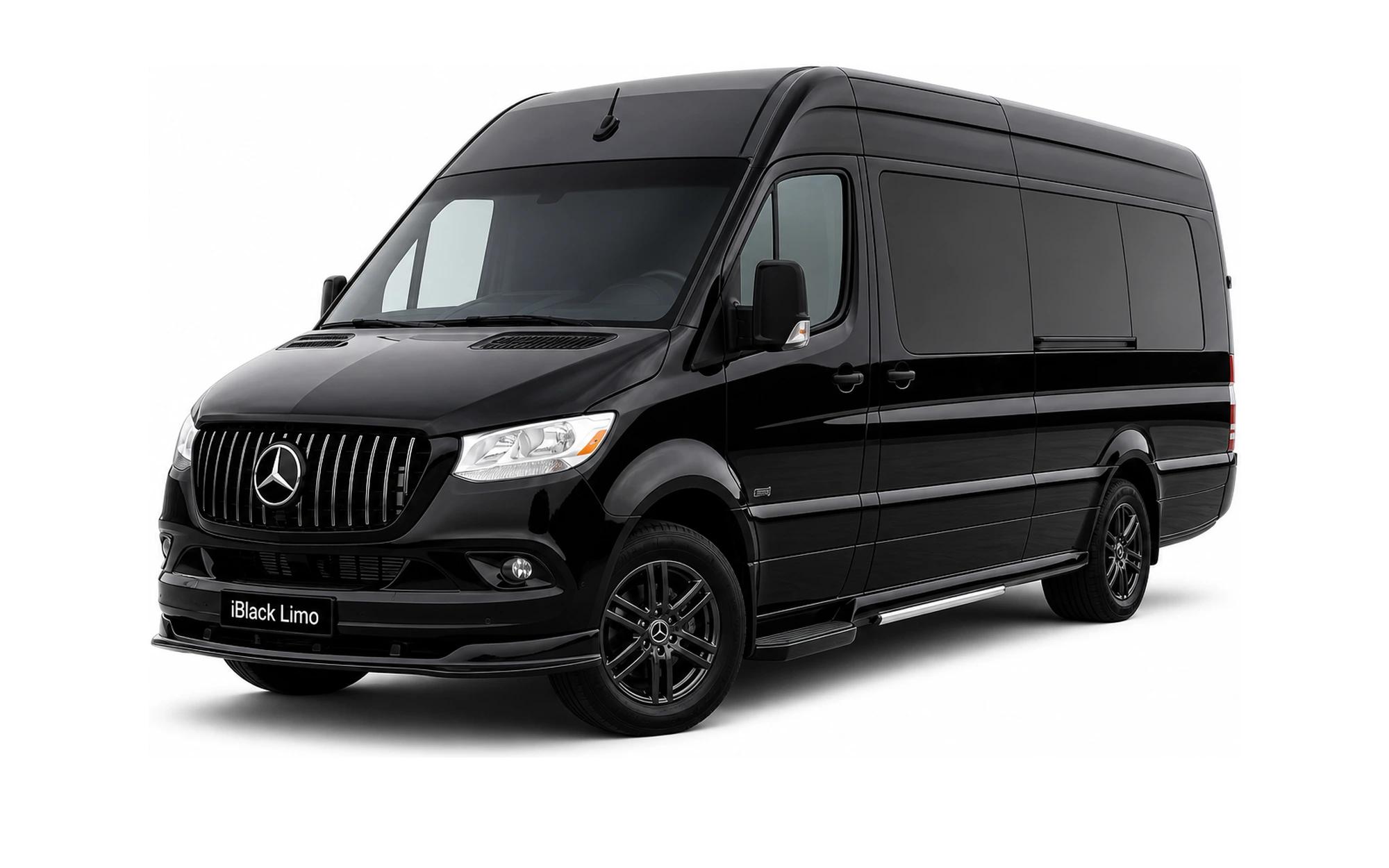 Black Mercedes-Benz Sprinter limousine van, front three-quarter studio view on white with iBlack Limo plate