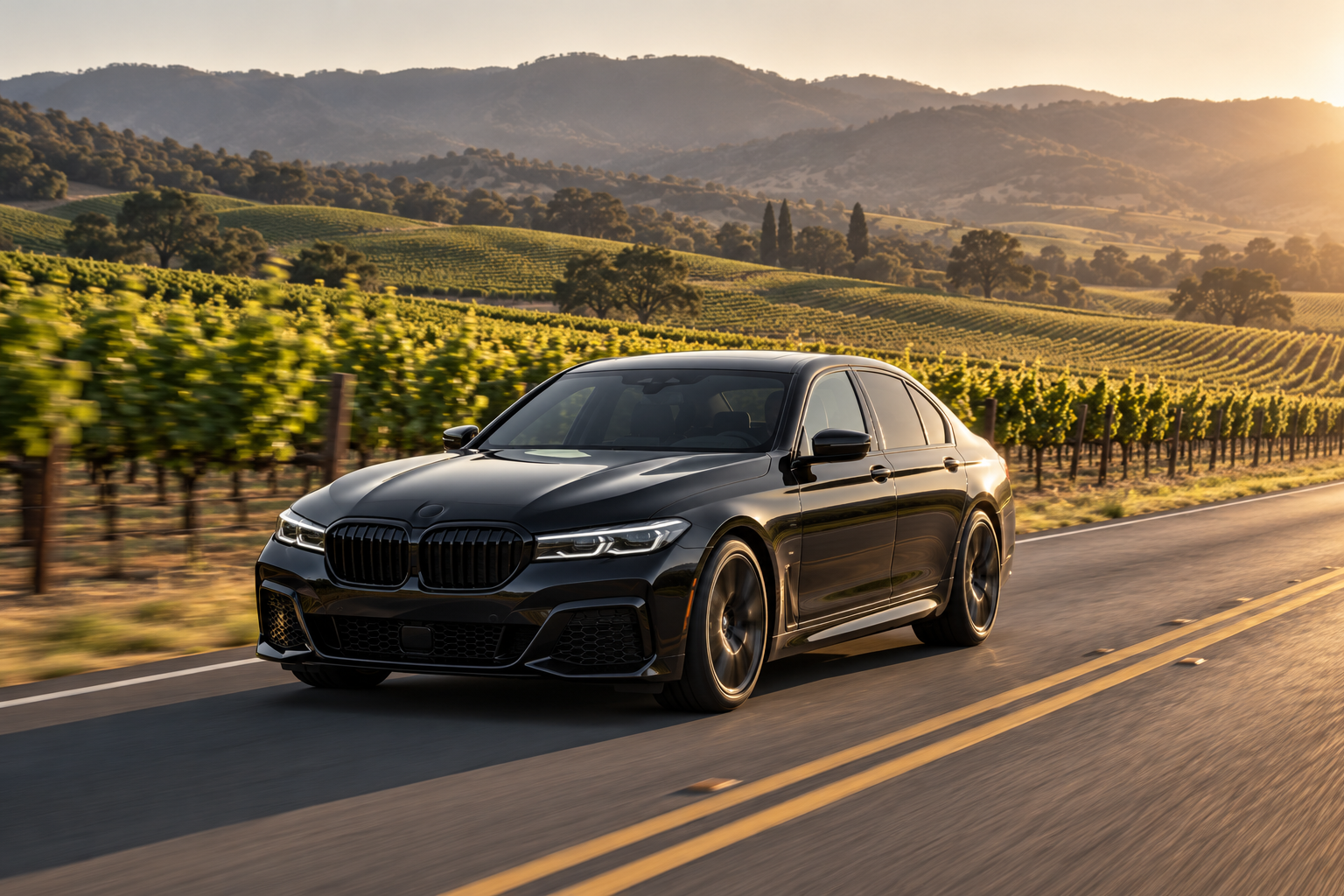 A black luxury sedan driving on a two-lane road between green vineyard rows in Napa Valley, with rolling hills and a low golden sun behind it