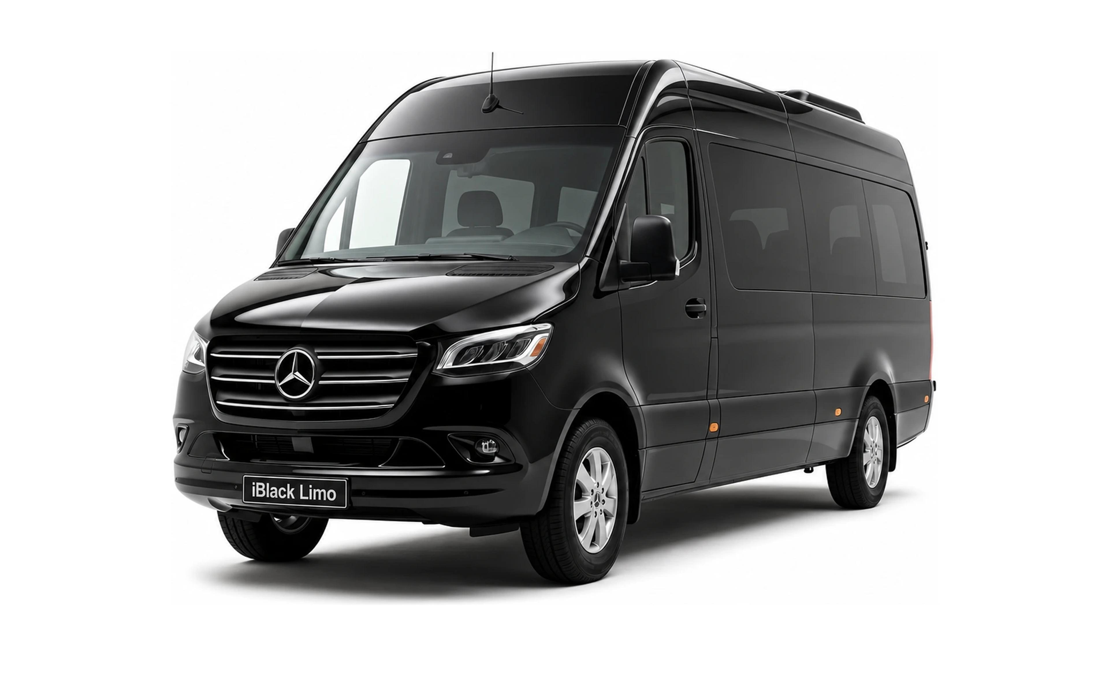 Black Mercedes-Benz Sprinter luxury van, front three-quarter studio view on white with iBlack Limo plate