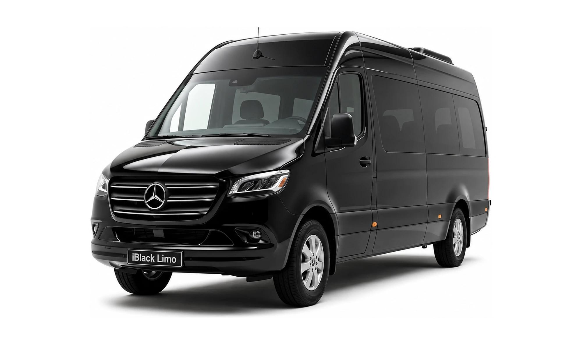 Black Mercedes-Benz Sprinter luxury van, front three-quarter studio view on white with iBlack Limo plate