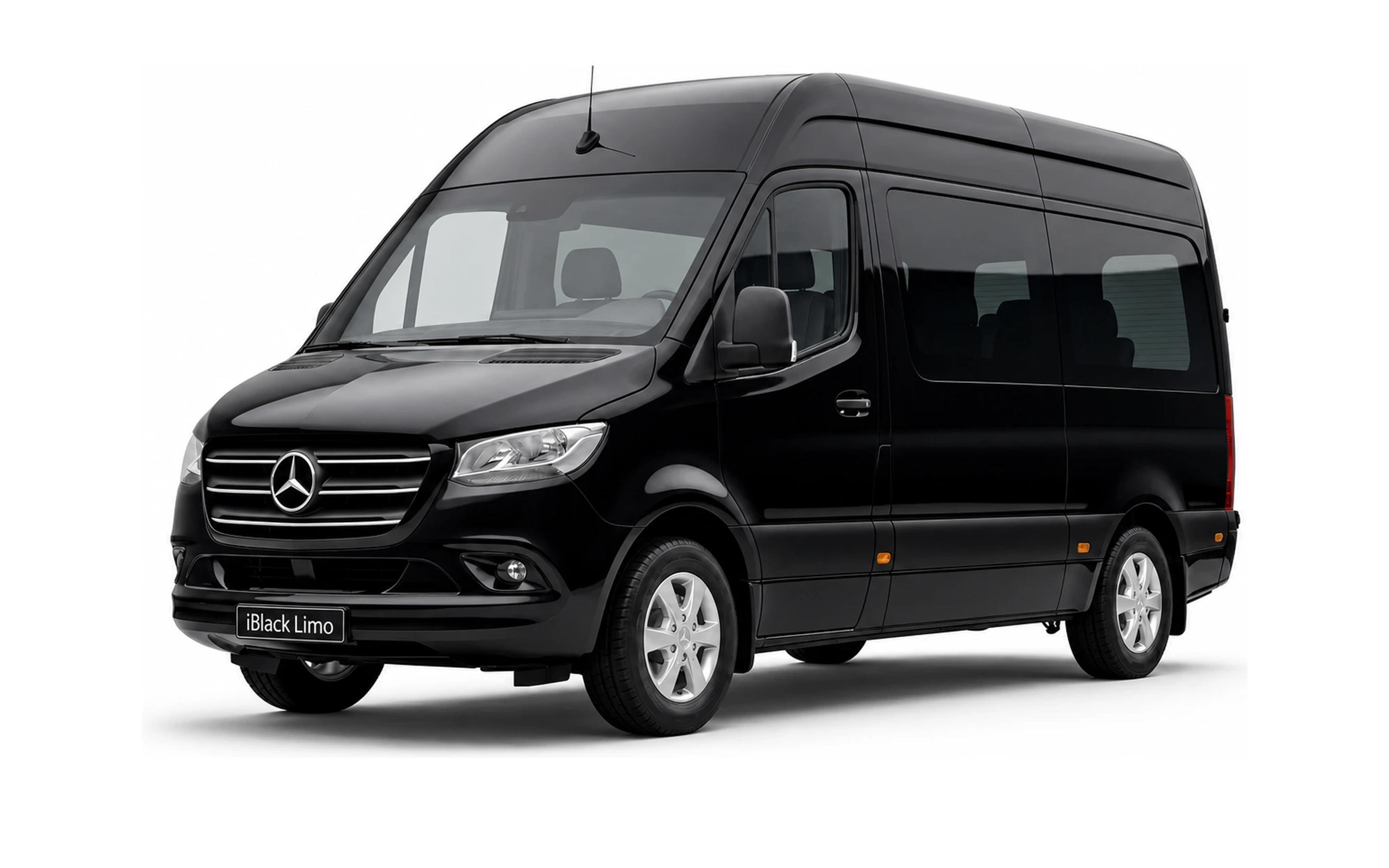 Black Mercedes-Benz Sprinter passenger van, front three-quarter studio view on white with iBlack Limo plate