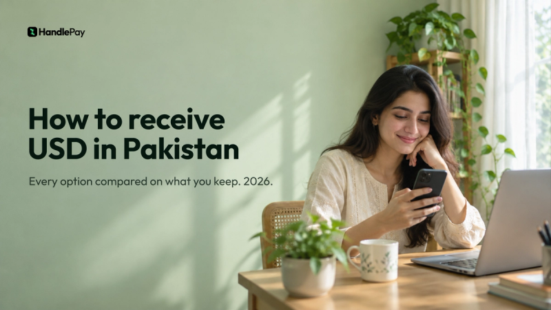 A Pakistani freelancer smiling at her phone at her desk after a payment arrives, with the headline How to receive USD in Pakistan