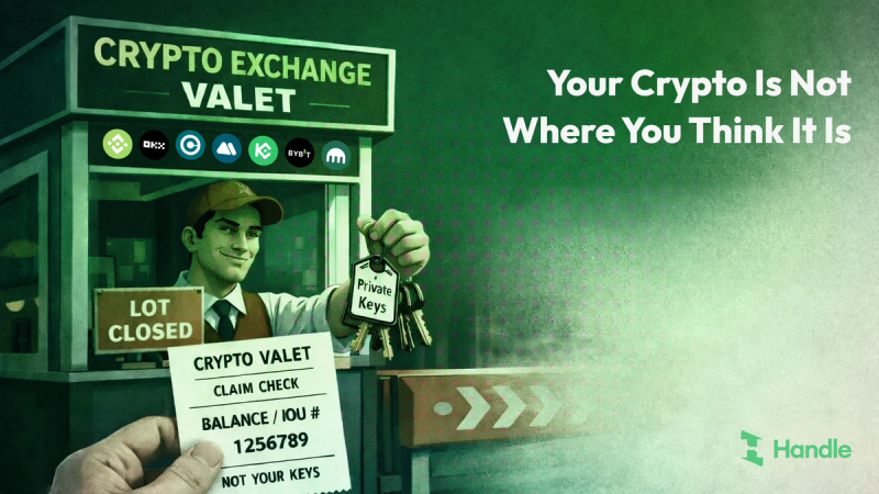 Illustration of a crypto exchange valet booth handing out a claim ticket, with the headline Your crypto is not where you think it is