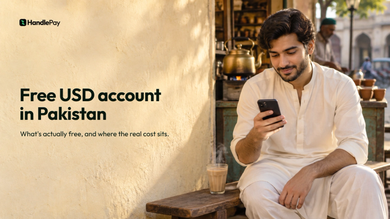 Young Pakistani man at a chai dhaba in Lahore, smiling at his phone beside a cup of doodh patti, with the headline Free USD account in Pakistan