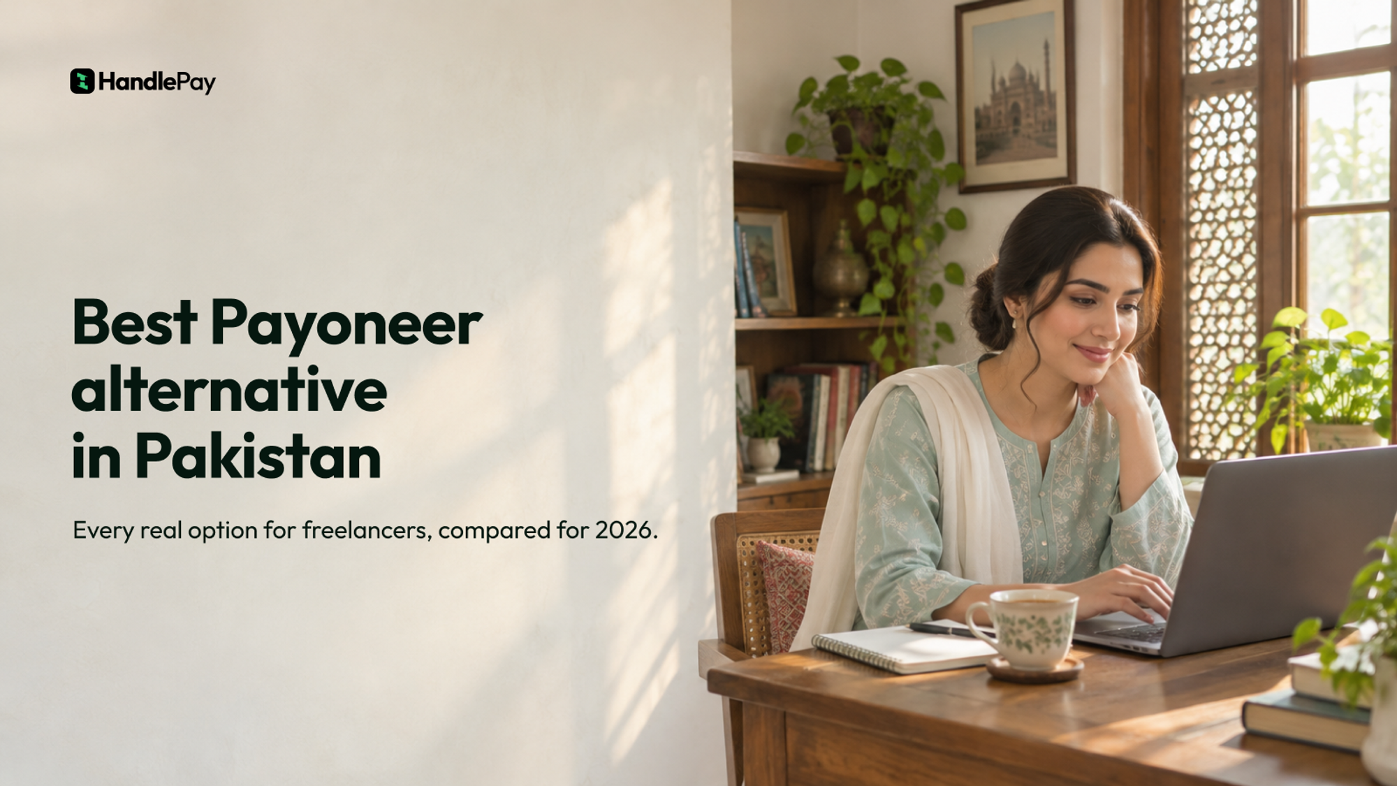 A Pakistani freelancer smiling at her laptop in her home study in Lahore, and the headline Best Payoneer alternative in Pakistan