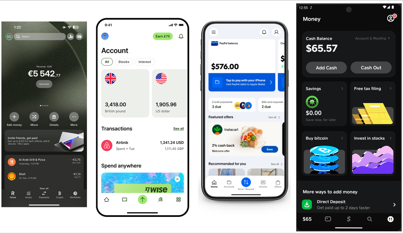 HandlePay app screens showing a dollar account balance, recent payments and ways to add money