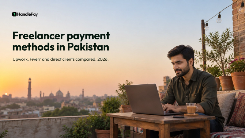 A Pakistani freelancer working on his laptop on a Lahore rooftop at golden hour, with the headline Freelancer payment methods in Pakistan