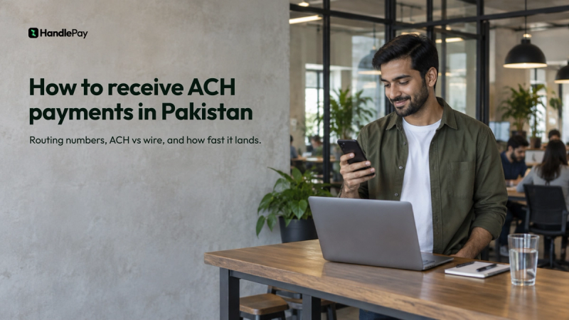 A Pakistani freelancer smiling at his phone at a co-working space in Karachi, and the headline How to receive ACH payments in Pakistan