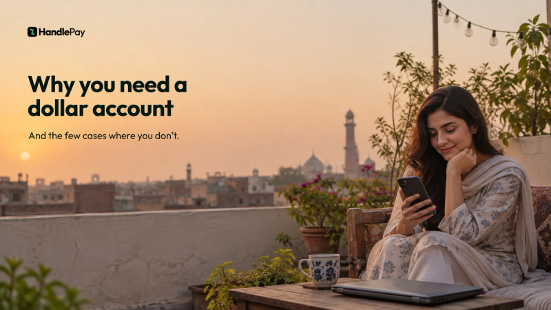A Pakistani freelancer smiling at her phone on a rooftop in Lahore at golden hour, and the headline Why you need a dollar account