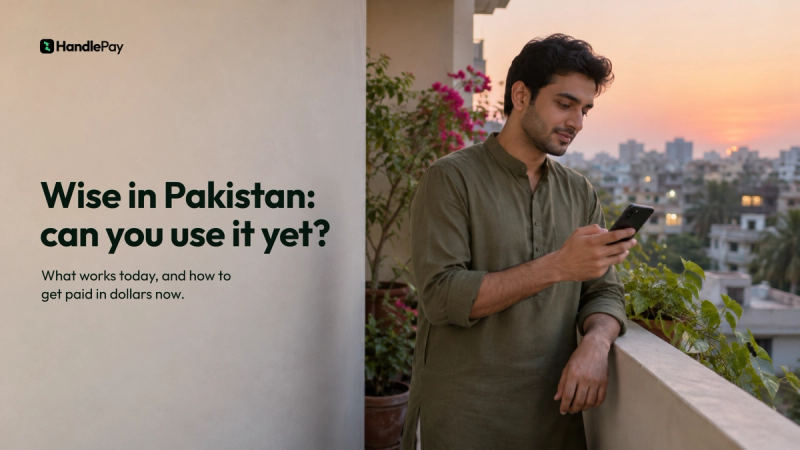 Pakistani freelancer on a Karachi apartment balcony at dusk, reading on his phone whether Wise works in Pakistan yet, with the headline Wise in Pakistan: can you use it yet?
