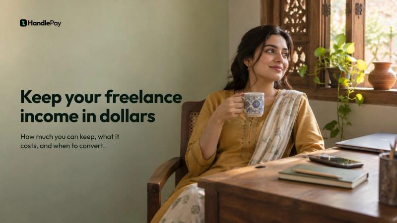 Pakistani freelancer at her desk in a Lahore home studio, deciding whether to keep this month's client payment in dollars, with the headline Keep your freelance income in dollars