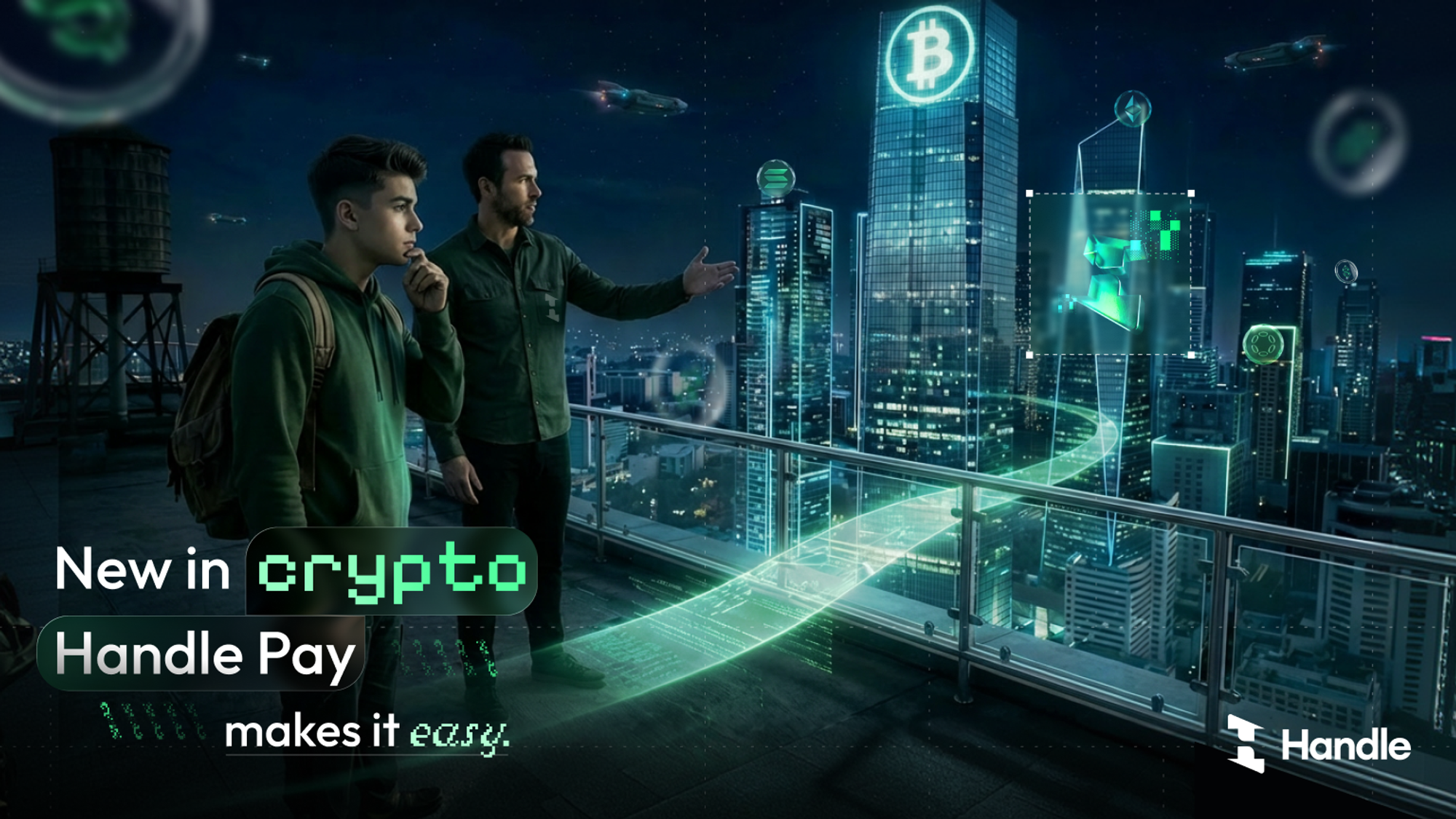 Two young men on a rooftop looking at a glowing city, with the words New in crypto? HandlePay makes it easy