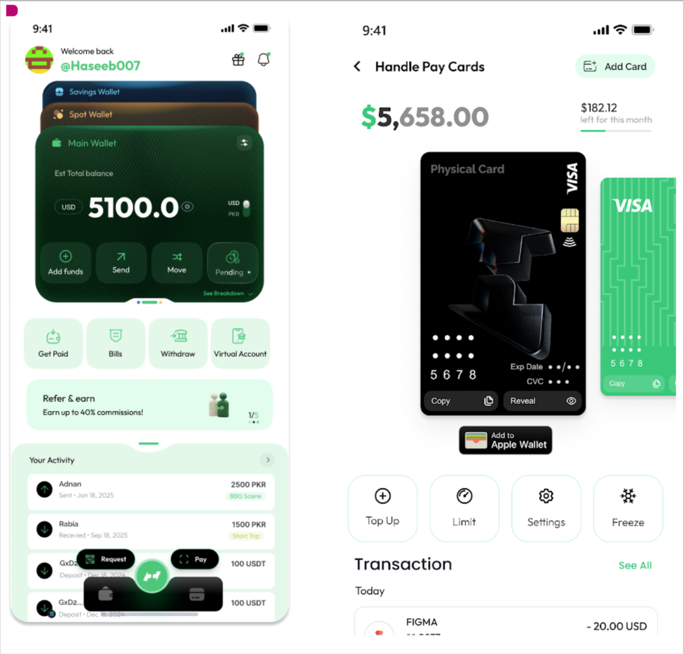 HandlePay app screens showing the card and spending view
