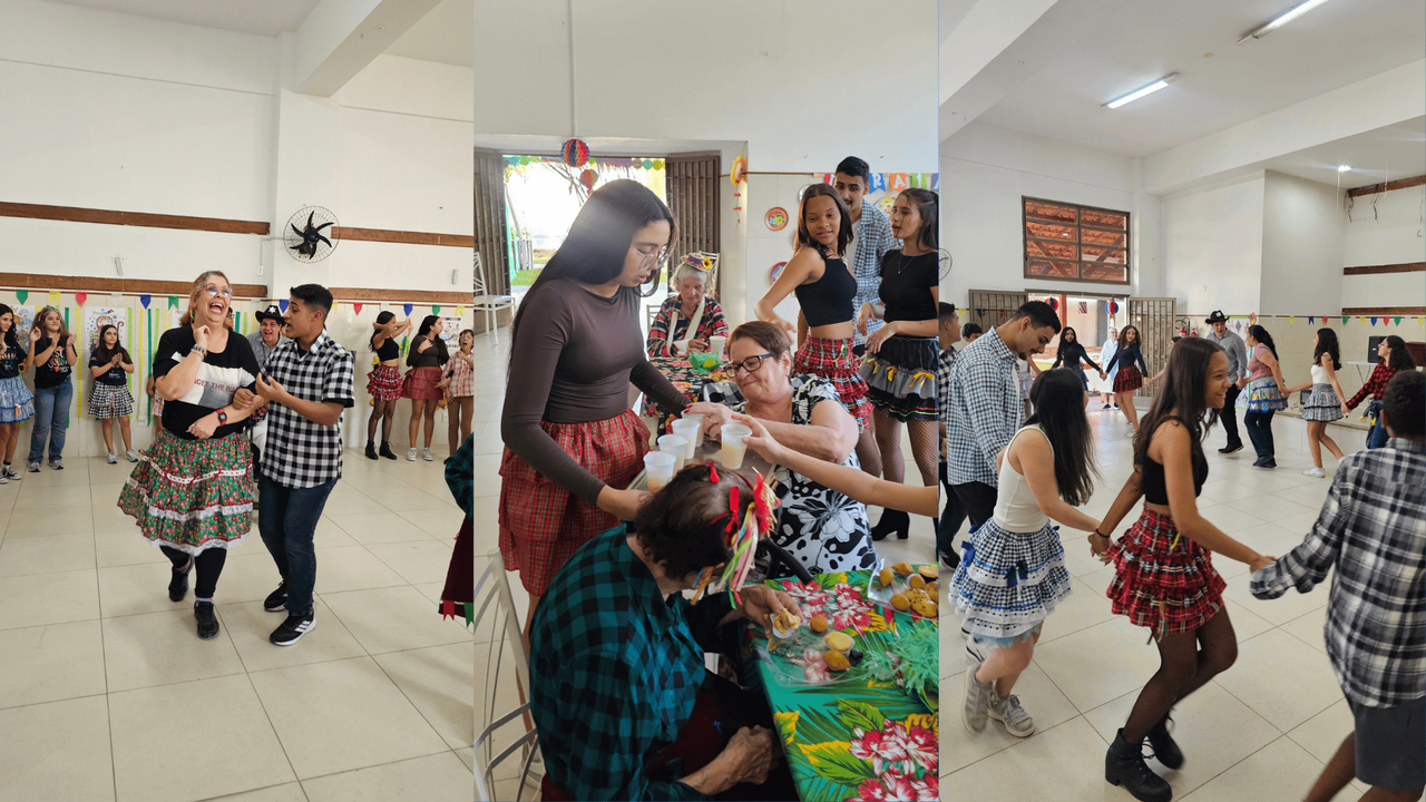 Colagem mostra estudantes da Adolescência Missionária dançando e servindo idosos durante o arraial no Lar Franciscano