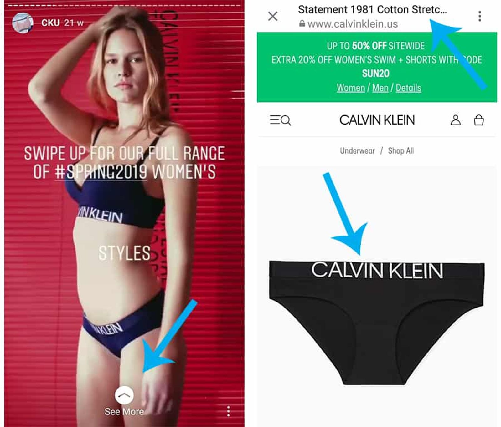 Calvin Klein Instagram Story with a swipe up prompt next to the linked product page it opens