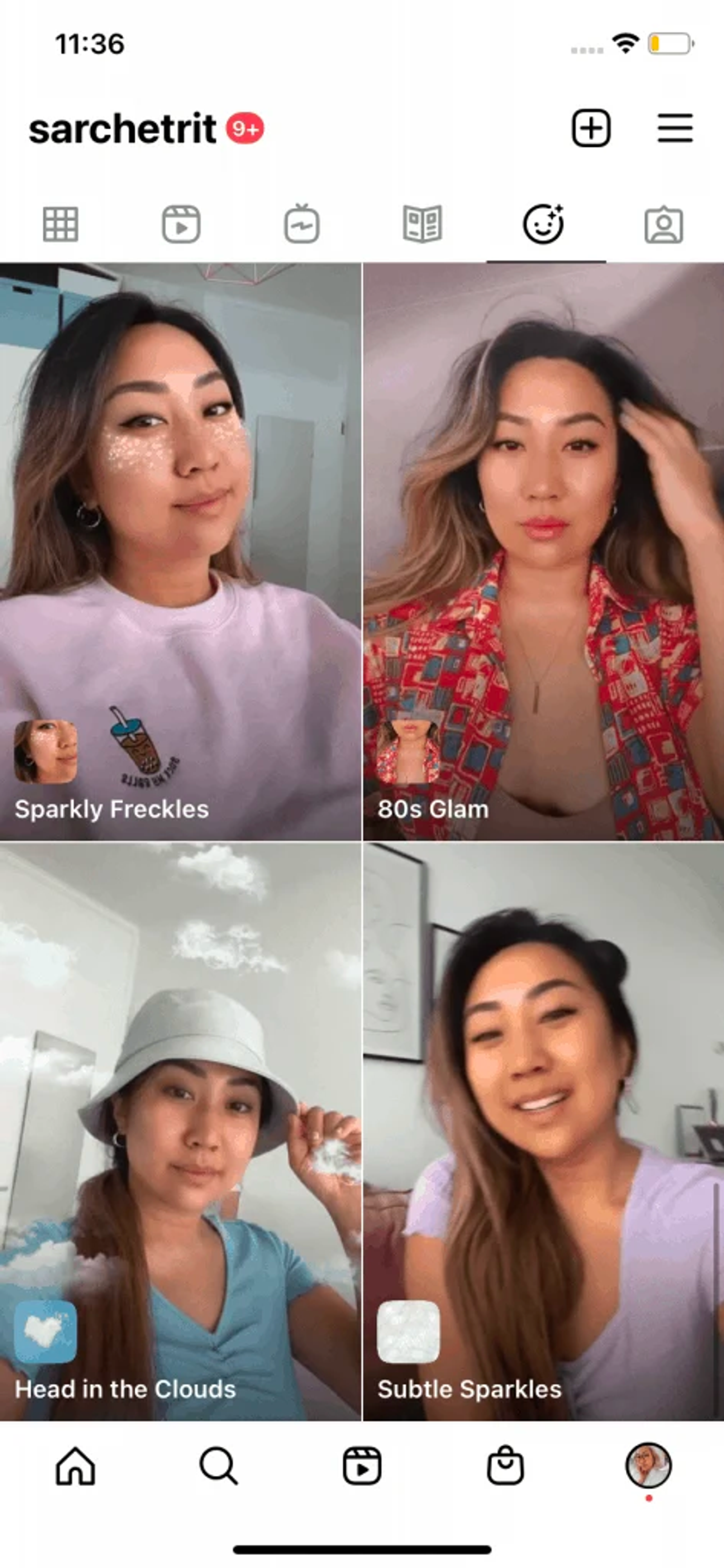 Instagram profile effects tab showing filter thumbnails like Sparkly Freckles, 80s Glam and Head in the Clouds.