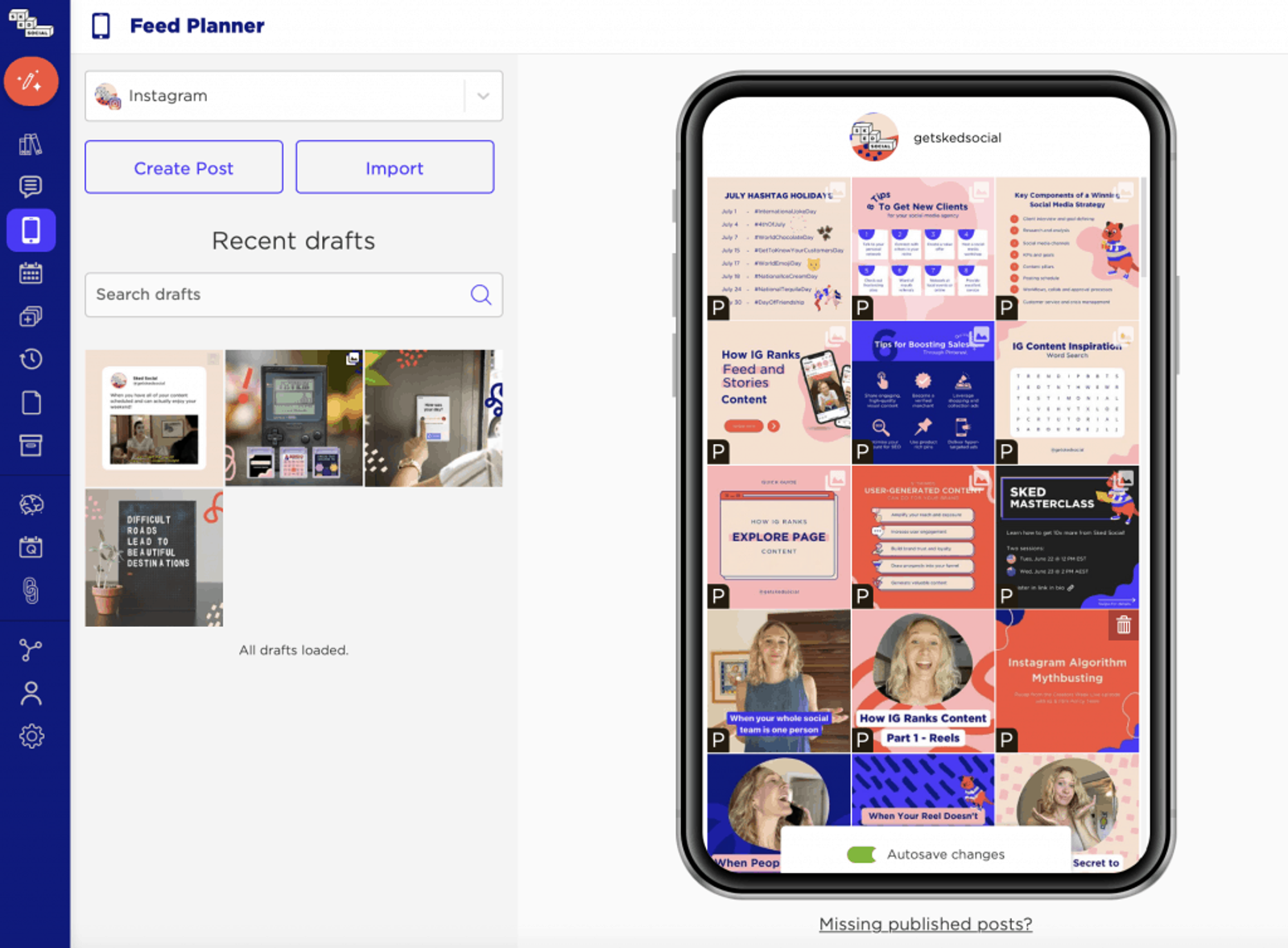 Planificador de feed de Sked Social con borradores junto a una vista previa de una cuadrícula de Instagram.