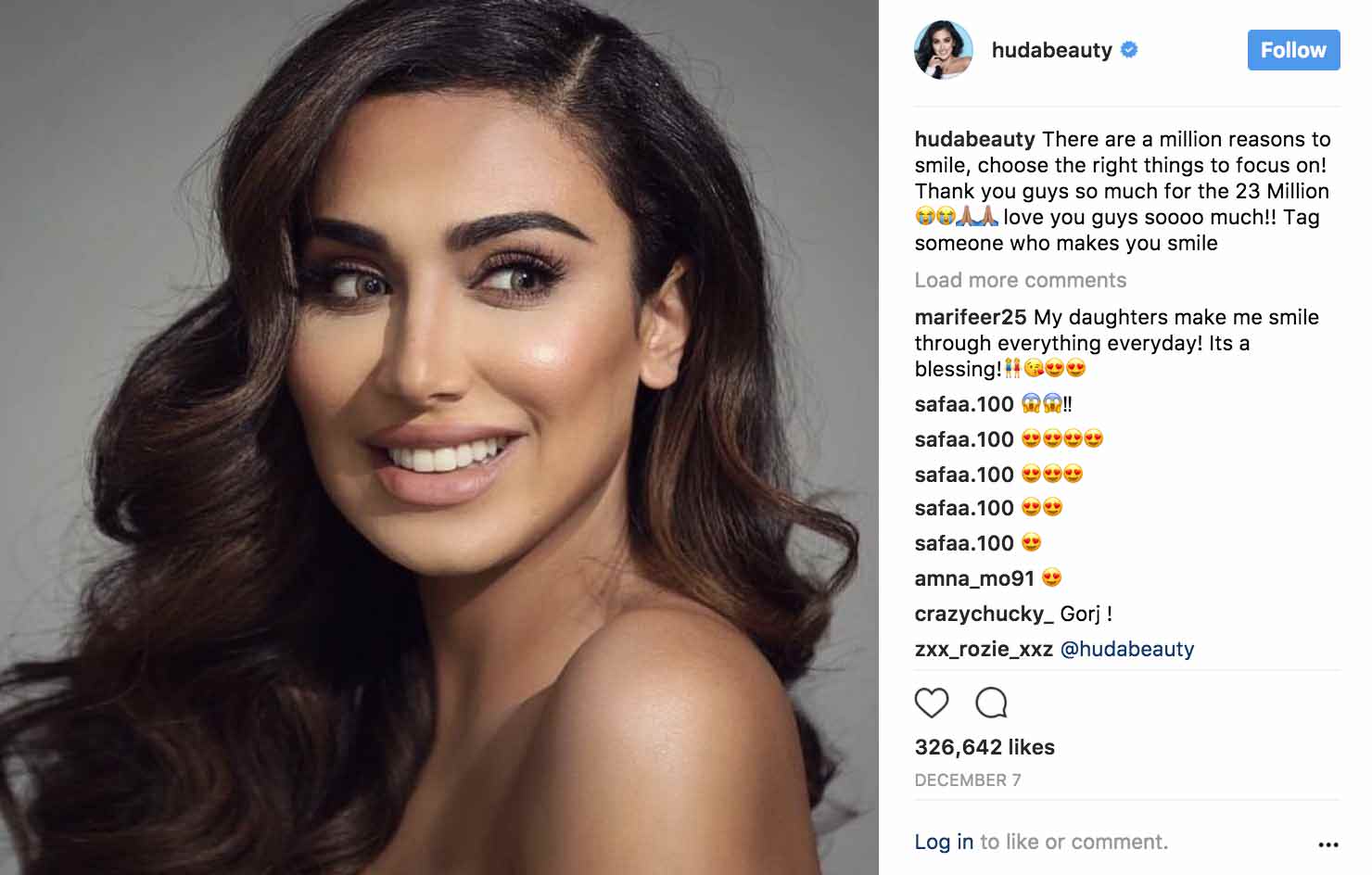 Publicación de Instagram de hudabeauty con una foto de retrato sonriente y comentarios debajo.