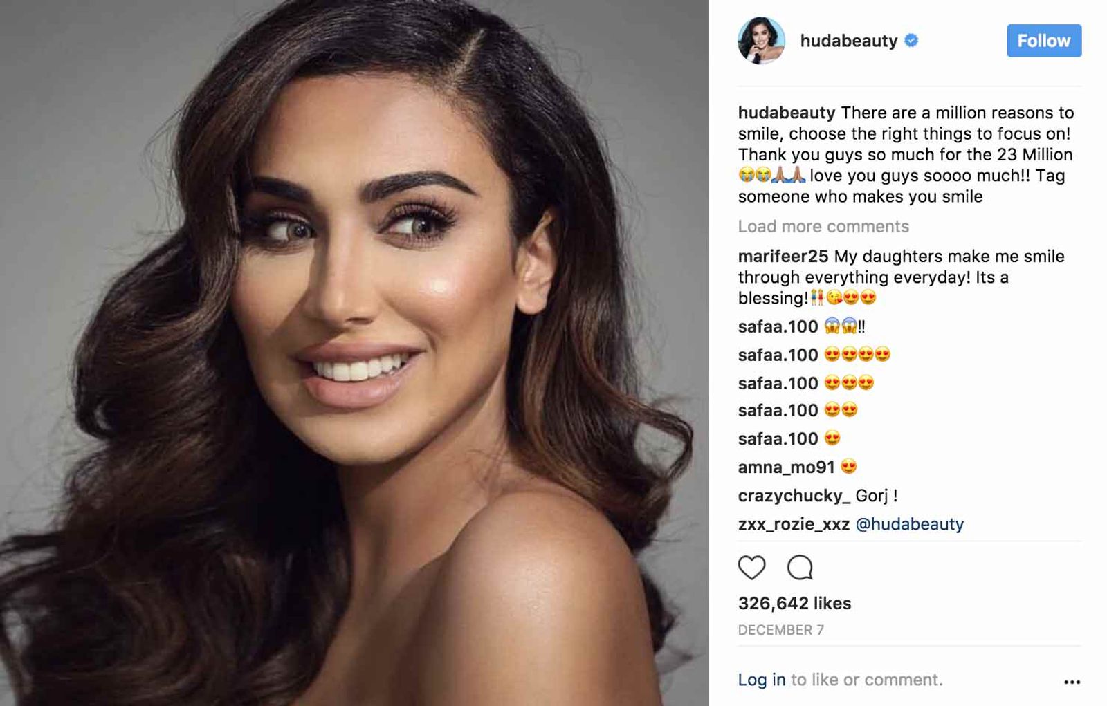 Publicación de Instagram de hudabeauty con una foto de retrato sonriente y comentarios debajo.
