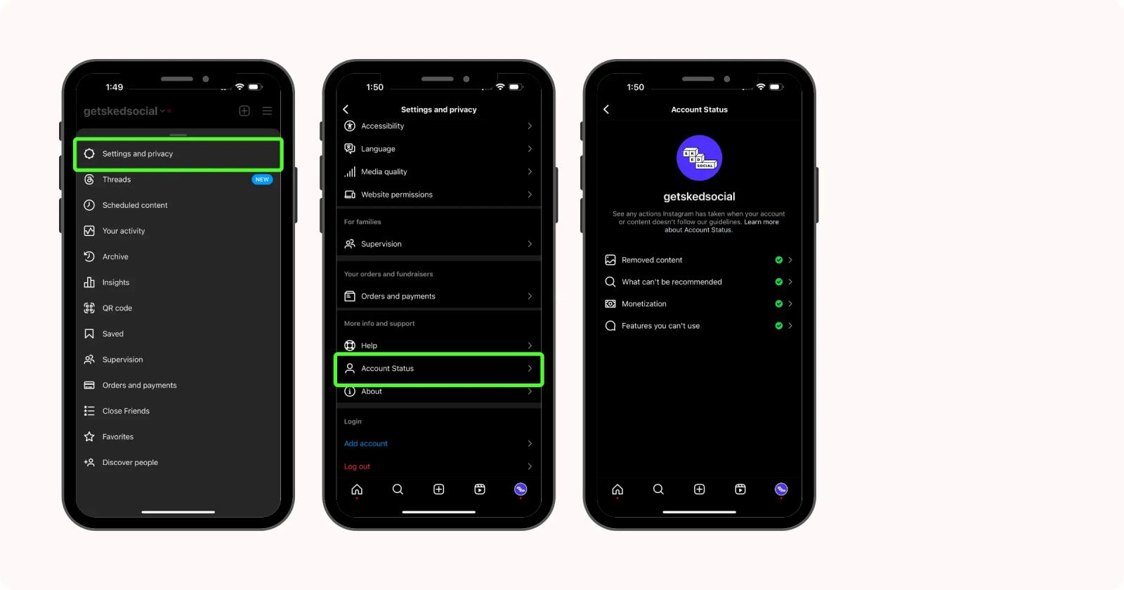 Pantallas de la app de Instagram mostrando Configuración y privacidad, y la página de estado de la cuenta con marcas verdes.