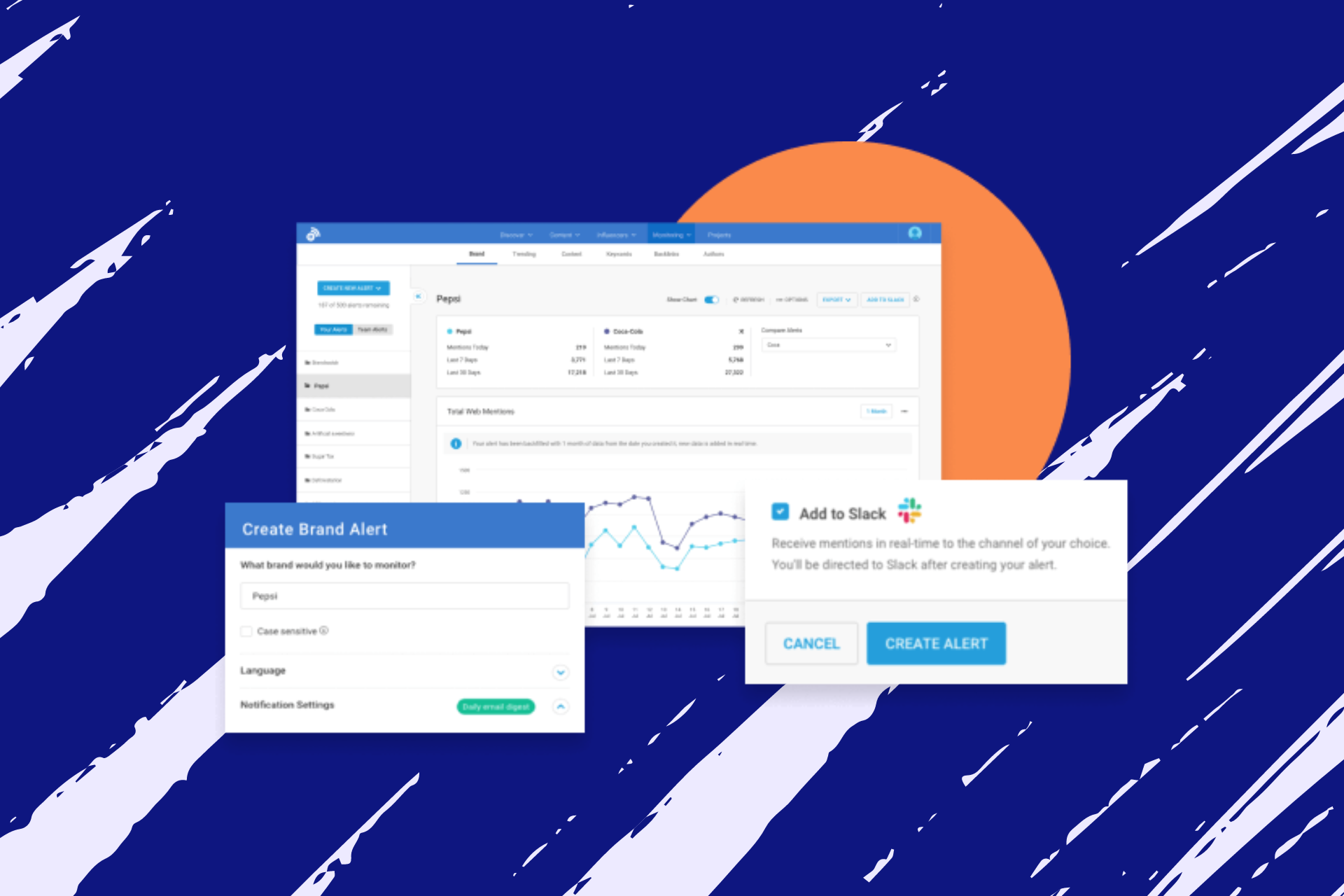 Panel de BuzzSumo con gráficos de menciones de marca, un panel para crear alertas y una opción de integración con Slack.