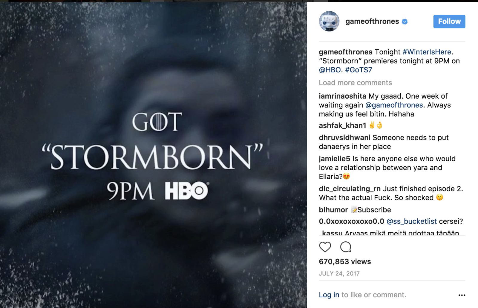 Publicación de Instagram de Game of Thrones anunciando el estreno del episodio Stormborn en HBO, con comentarios debajo.
