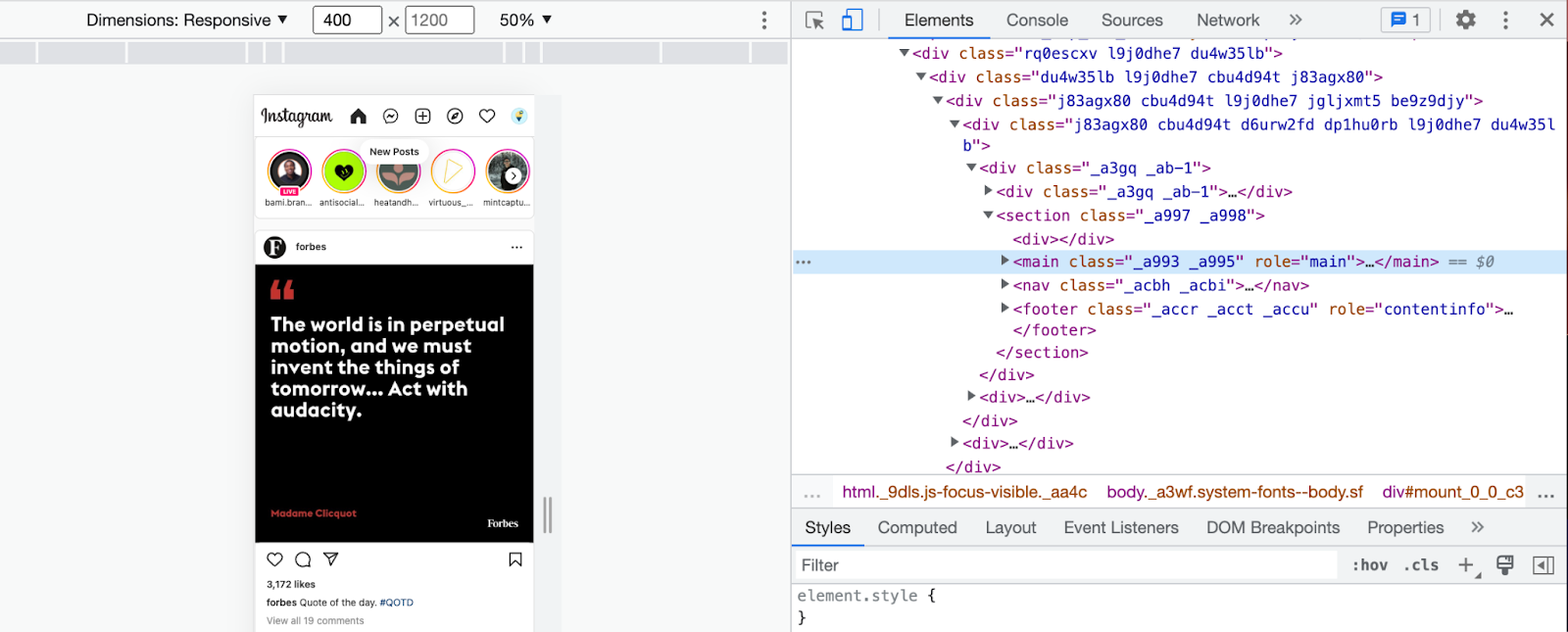 Browser developer tools open beside a mobile view of an Instagram feed post in responsive mode.