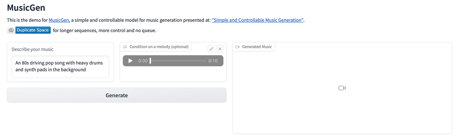 MusicGen demo interface with a text prompt field, melody upload option, and generated music panel.