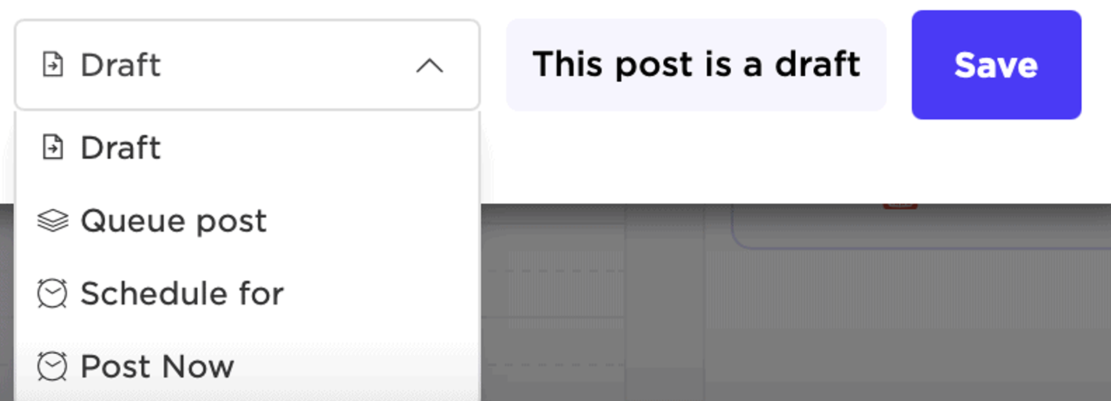Menú desplegable de Sked Social con las opciones Draft, Queue post, Schedule for y Post Now, junto a un botón Save.