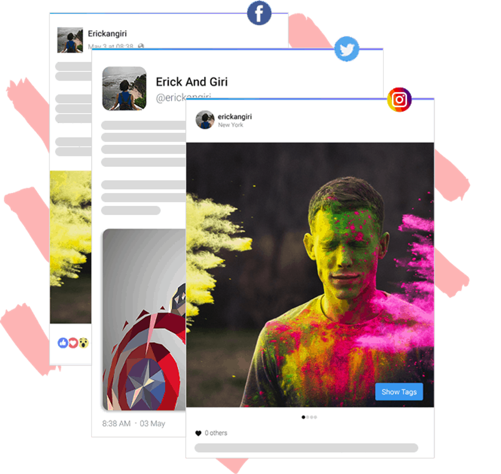 Mock Facebook, Twitter and Instagram post previews of the same colorful photo, stacked together.