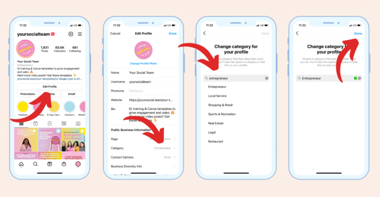 Instagram screens showing steps to edit a profile and change the account category to entrepreneur.