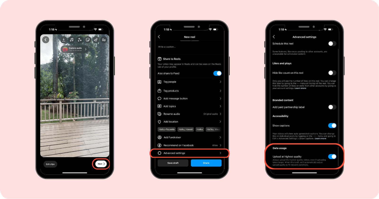 Pantallas de Instagram Reels con el menú para compartir y el ajuste Uso de datos con Subir con máxima calidad activado.