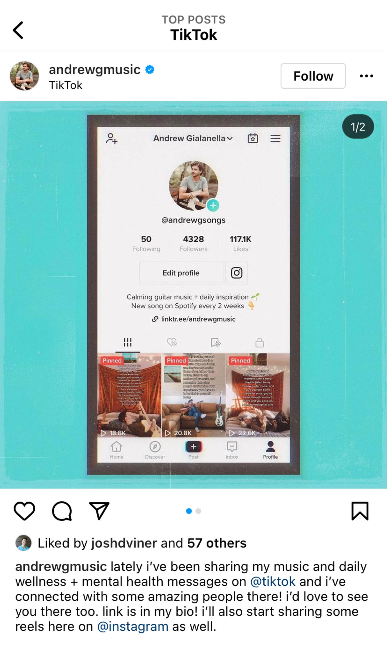 Instagram post showing a screenshot of a musician's TikTok profile with pinned videos, in a caption about TikTok.