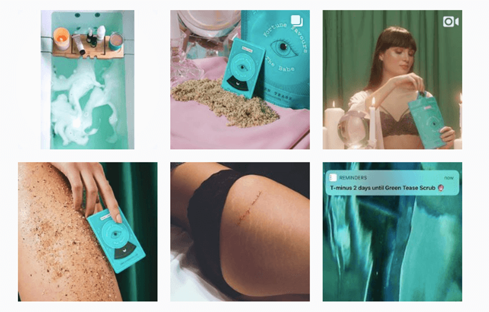 La estética de las redes sociales de la marca emuló el exfoliante corporal Green Tease para el lanzamiento del producto.