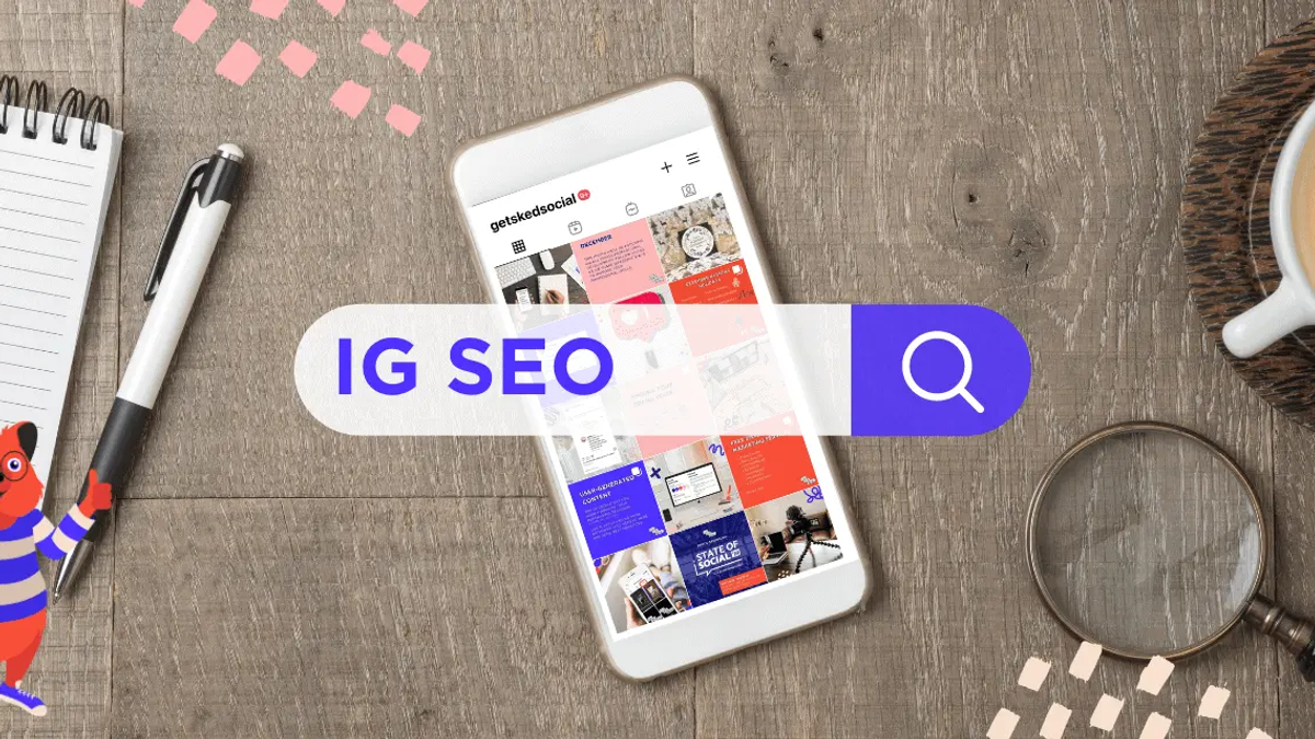 Flat lay of a notebook, pen, coffee, magnifying glass, and a phone displaying Instagram UI with a search bar that reads IG SEO