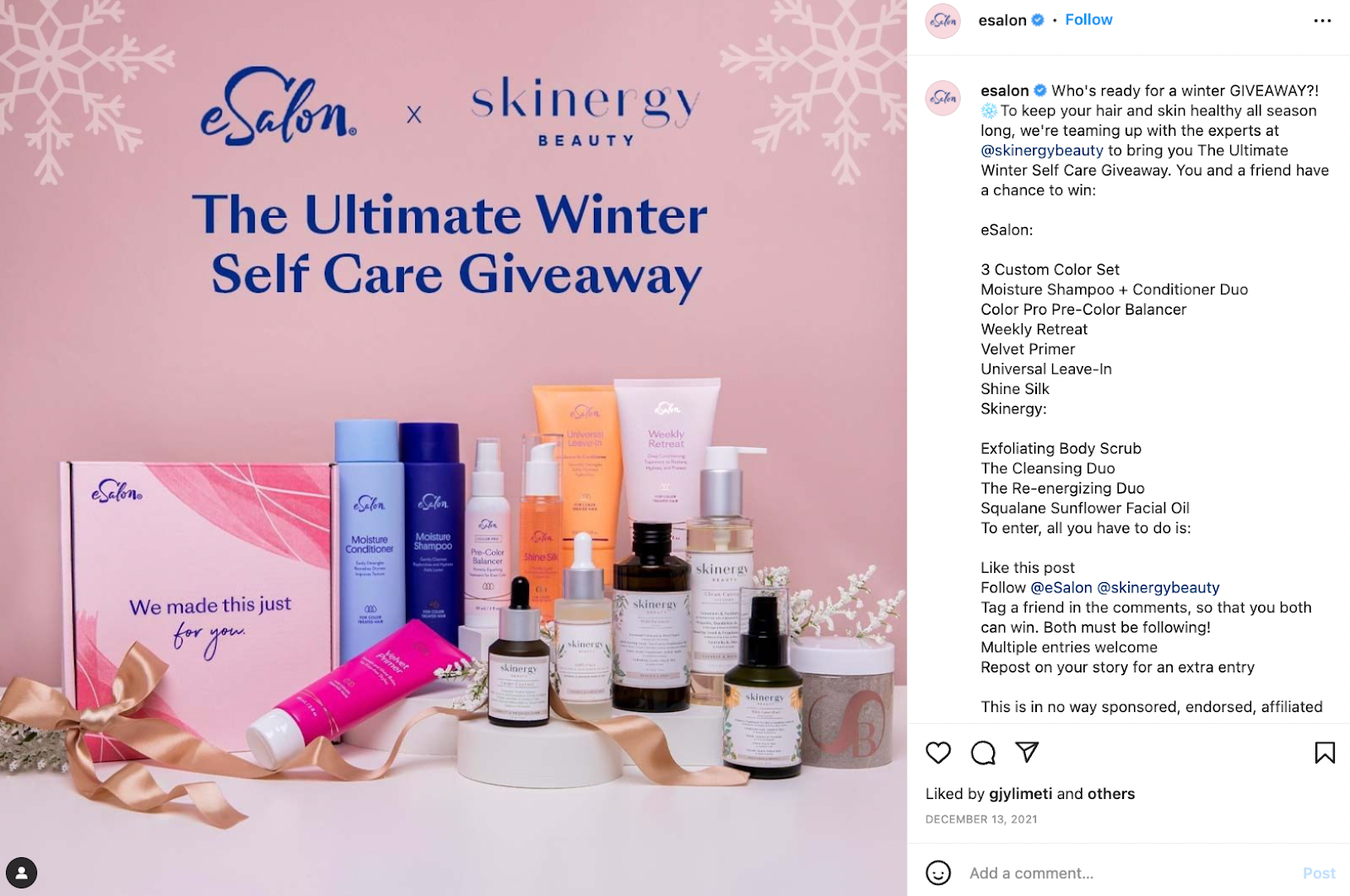 Instagram post from eSalon showing a giveaway graphic with hair and skincare products displayed together.