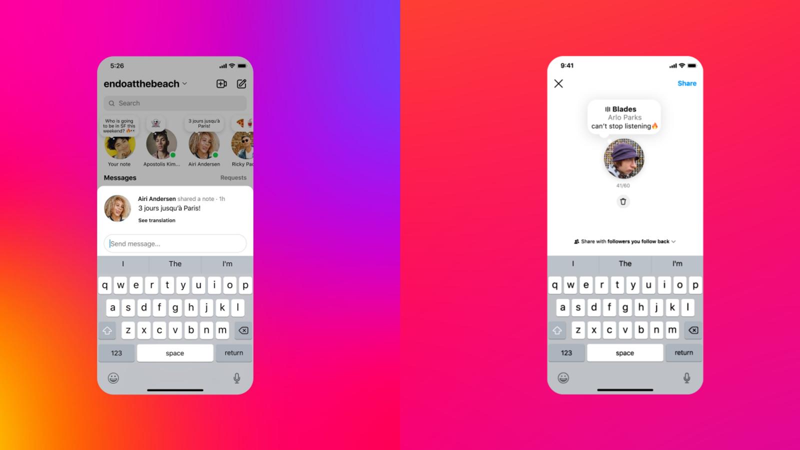 Instagram screens showing a shared status note above a chat, and a note bubble over a profile photo.