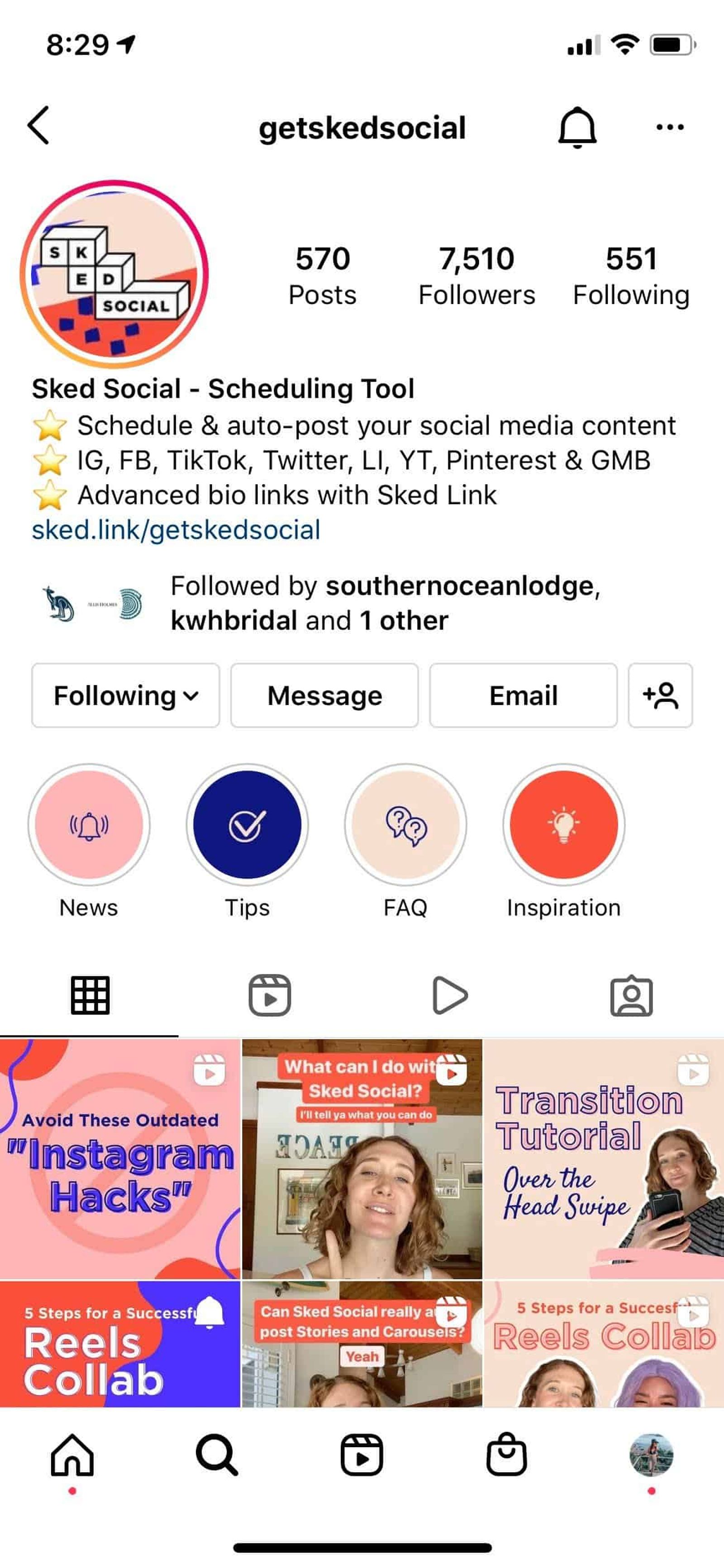 Sked Social's Instagram profile page showing bio, story highlights, and a grid of post thumbnails.