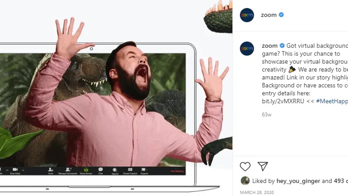 Publicación de Instagram de Zoom con un hombre gritando frente a un fondo virtual con un t-rex durante una videollamada