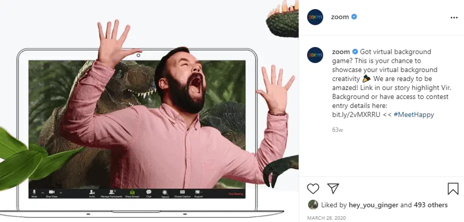 Publicación de Instagram de Zoom con un hombre gritando frente a un fondo virtual con un t-rex durante una videollamada