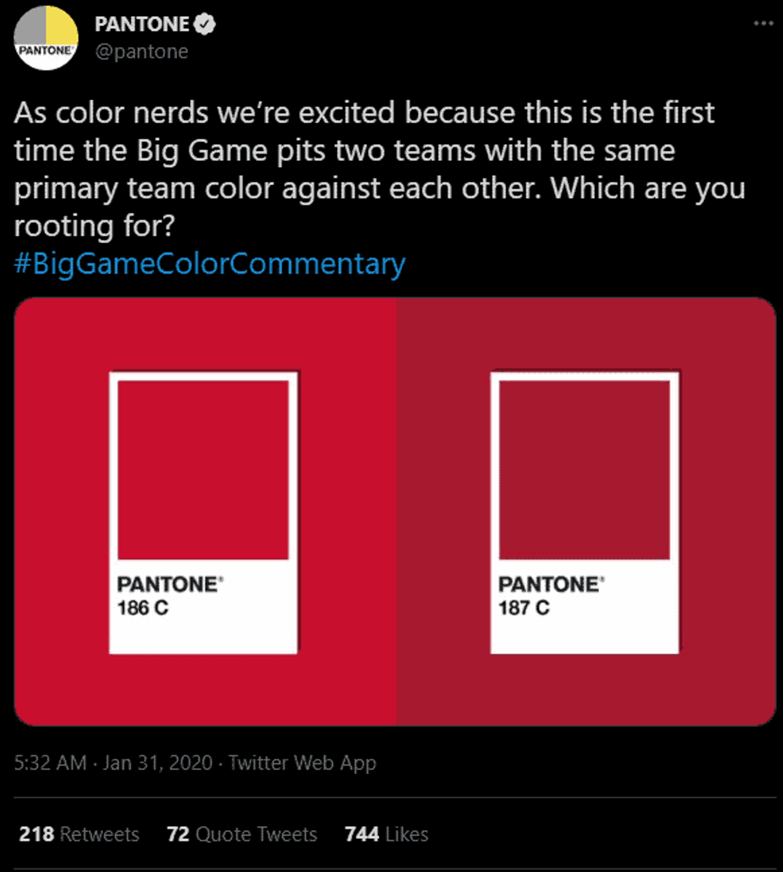Pantone comparando dos tonos casi idénticos de rojo