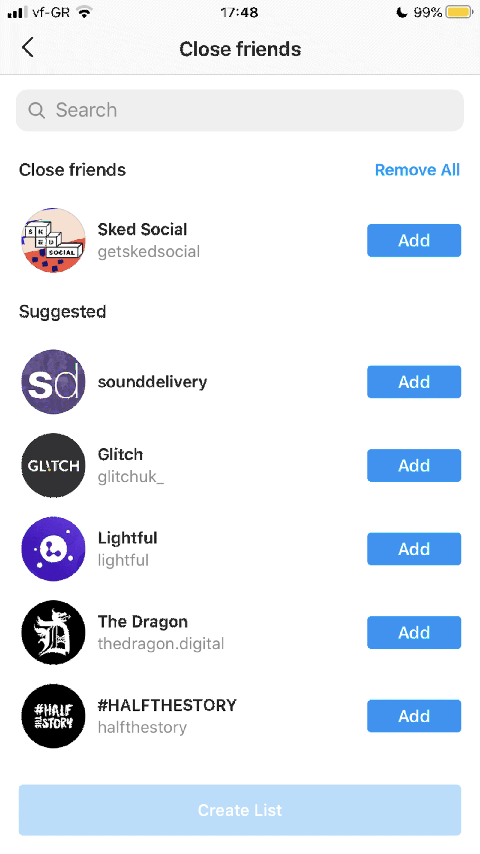 Captura de pantalla de una lista de amigos cercanos en Instagram.