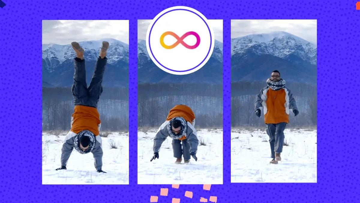 Three vertical frames show a man in winter clothes doing a handstand, crouching, and walking in snow. Mountains in background. Purple background with orange