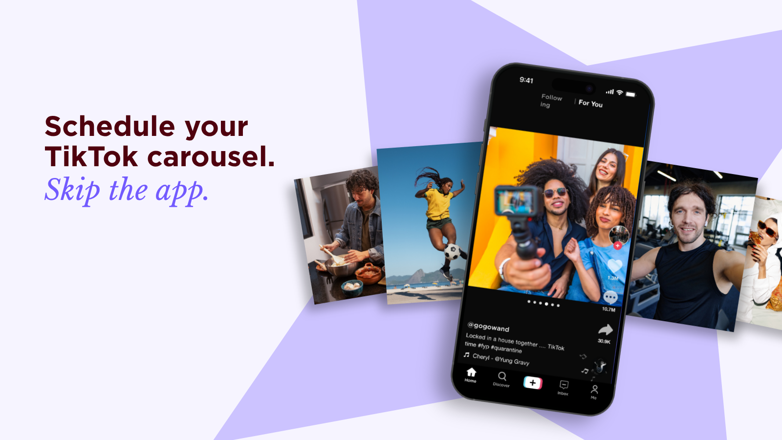 Phone showing a swipeable TikTok photo carousel between fanned photo slides, beside the headline "Schedule your TikTok carousel. Skip the app."