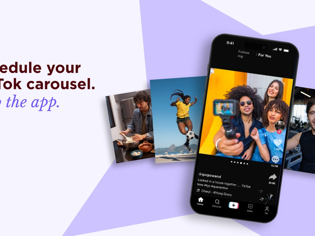 Phone showing a swipeable TikTok photo carousel between fanned photo slides, beside the headline "Schedule your TikTok carousel. Skip the app."